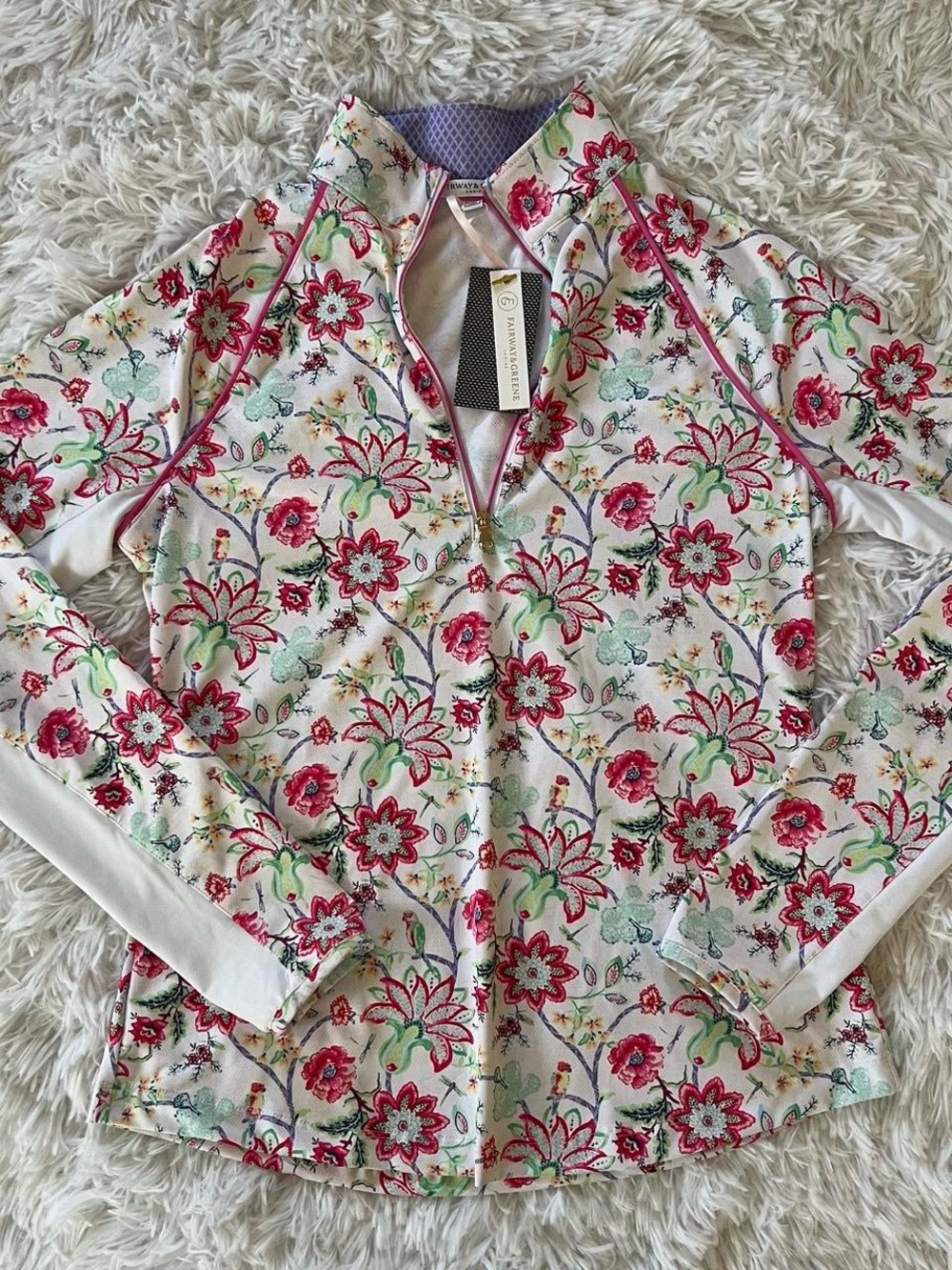 Fairway & Greene White Floral Quarter-Zip Ski Jacket with Pink Accents